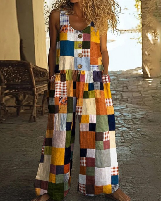 Vintage Square Patchwork Boho Art Women's Linen Wide Leg Jumpsuit Vintage Square Patchwork Boho Art Women's Linen Wide Leg Jumpsuit