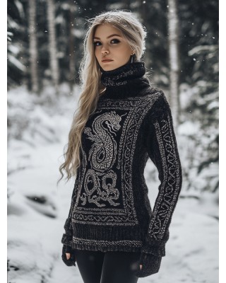 Viking Dragon Pattern Turtleneck Knit Sweater