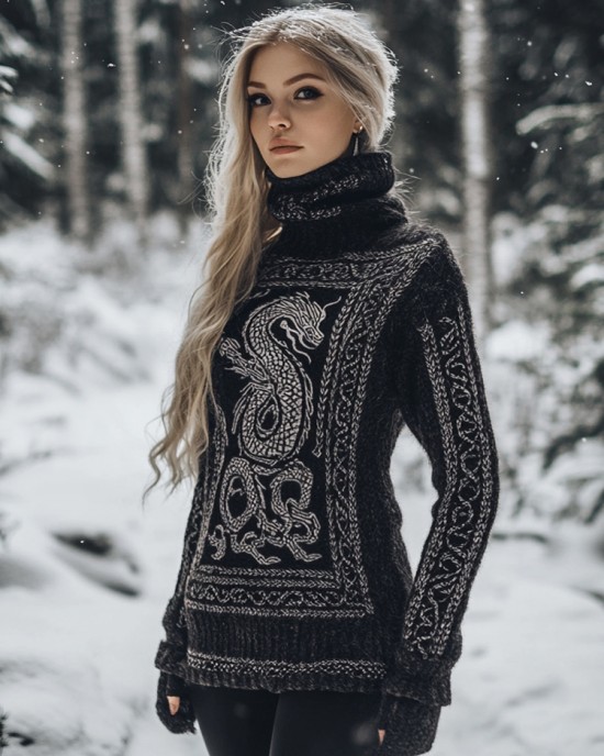 Viking Dragon Pattern Turtleneck Knit Sweater Viking Dragon Pattern Turtleneck Knit Sweater