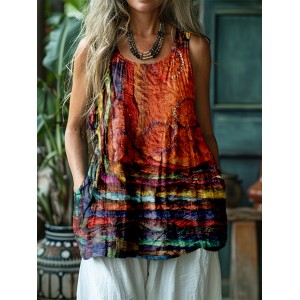 Colorful Boho Patchwork Flowy Linen Tank Top