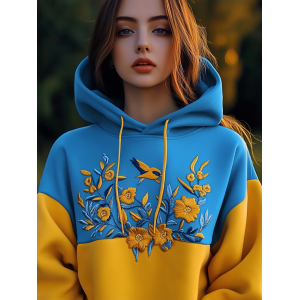 Women's Ukrainian Bird And Flower Embroidery Contrast Color Hoodie