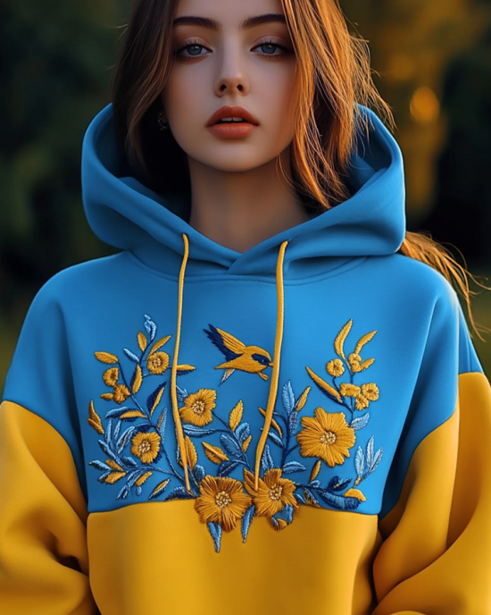 Women's Ukrainian Bird And Flower Embroidery Contrast Color Hoodie Women's Ukrainian Bird And Flower Embroidery Contrast Color Hoodie