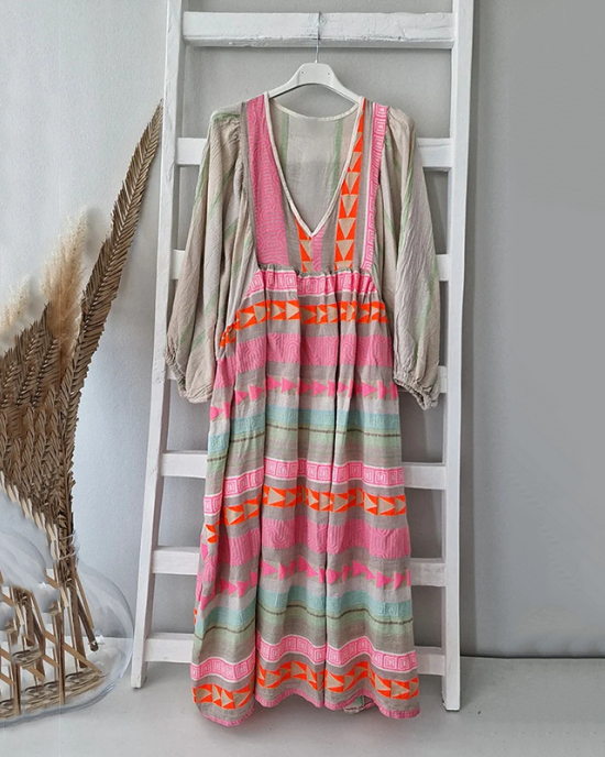 Vintage Colorful Linen Blend Midi Dress Vintage Colorful Linen Blend Midi Dress