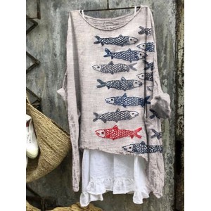 Women's Japanese Art Fish Embroidery Linen Blend Shirt