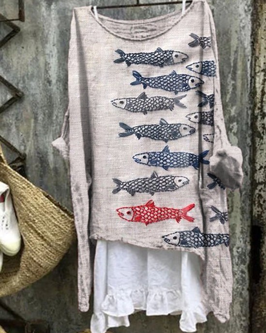 Women's Japanese Art Fish Embroidery Linen Blend Shirt