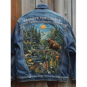 Respect The Locals Bear Landscape Embroidered Denim Jacket