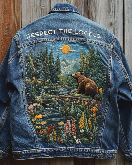 Respect The Locals Bear Landscape Embroidered Denim Jacket