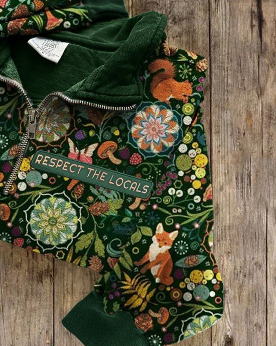Respect The Locals Embroidered Animals Floral Zip Up Sweatshirt Respect The Locals Embroidered Animals Floral Zip Up Sweatshirt