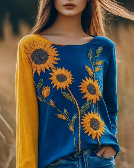 Women's Ukrainian Sunflower Color Block Art Linen Shirt Women's Ukrainian Sunflower Color Block Art Linen Shirt