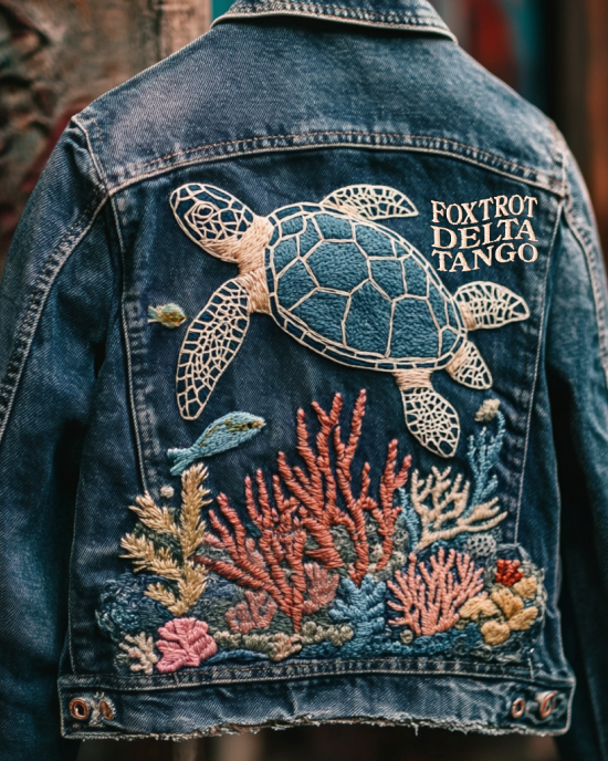 Foxtrot Data Tango Gulf Of Mexico Turtle Coral Embroidered Denim Jacket Foxtrot Data Tango Gulf Of Mexico Turtle Coral Embroidered Denim Jacket