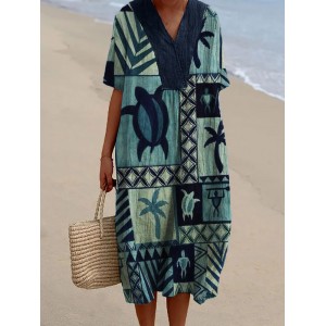 Sea Turtles & Palm Trees Geometric Art Flowy Linen Blend Dress