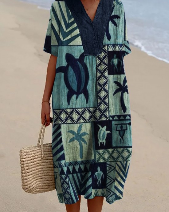 Sea Turtles & Palm Trees Geometric Art Flowy Linen Blend Dress Sea Turtles & Palm Trees Geometric Art Flowy Linen Blend Dress