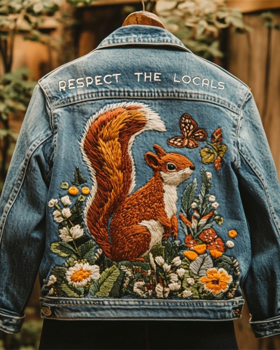 Respect The Locals Forest Squirrel Embroidered Denim Jacket Respect The Locals Forest Squirrel Embroidered Denim Jacket