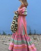 Vintage Geometric Color Block Bohemian Leisure Holiday Pleated Patchwork Half Sleeve Square Neck Colorful Midi Dress