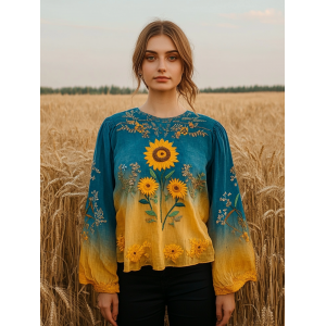Women's Ukrainian Sunflower Embroidery Art Linen Blend T-shirt