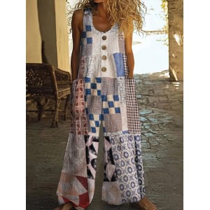 Vintage Square Patchwork Boho Art Women's Linen Wide Leg Jumpsuit