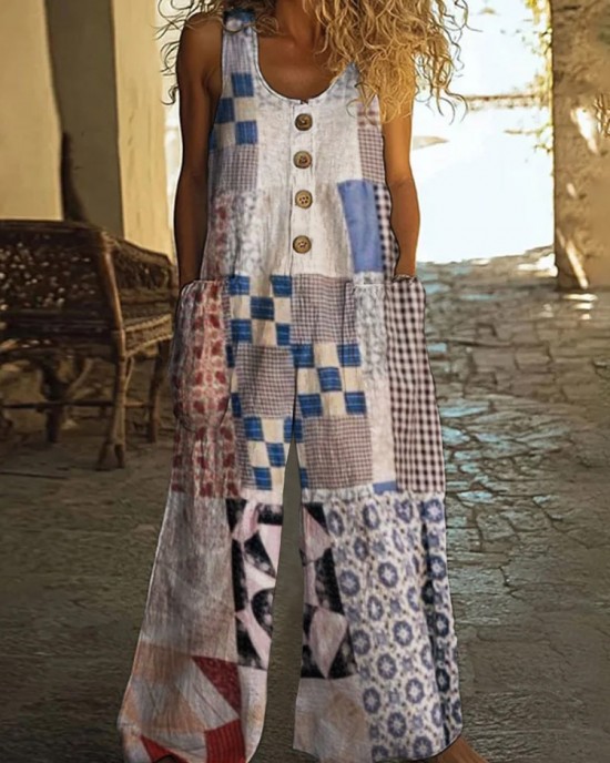 Vintage Square Patchwork Boho Art Women's Linen Wide Leg Jumpsuit