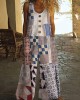 Vintage Square Patchwork Boho Art Women's Linen Wide Leg Jumpsuit