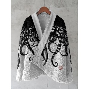 Vintage Octopus Art Painting Pattern Fleece Kimono Cardigan