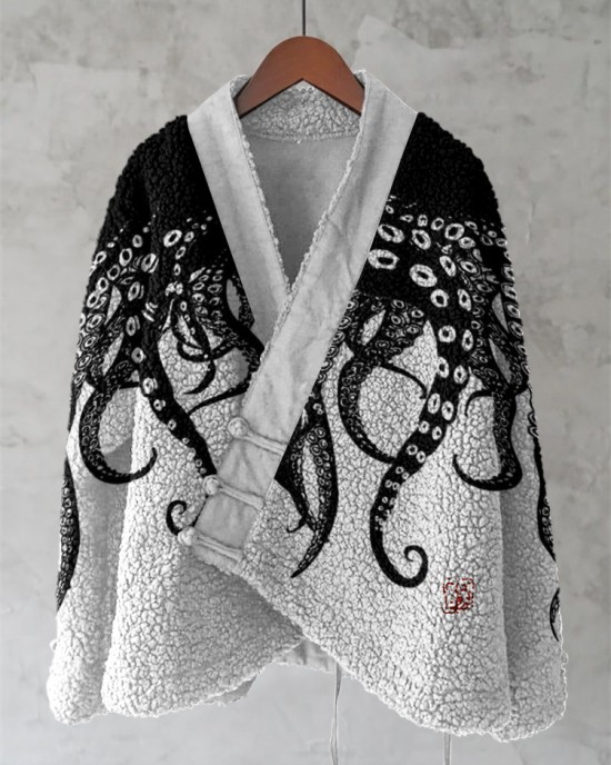 Vintage Octopus Art Painting Pattern Fleece Kimono Cardigan Vintage Octopus Art Painting Pattern Fleece Kimono Cardigan