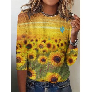 Ukrainian Sunflower Print Long-sleeved T-shirt