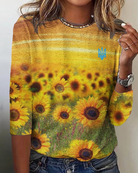 Ukrainian Sunflower Print Long-sleeved T-shirt Ukrainian Sunflower Print Long-sleeved T-shirt