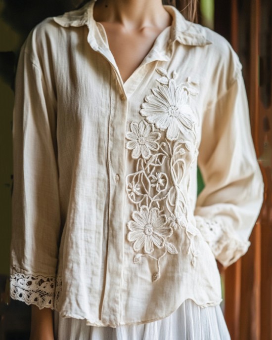 Women's Floral Lace Embroidery Art Long Sleeve Casual Shirt Women's Floral Lace Embroidery Art Long Sleeve Casual Shirt