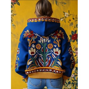 Ukraine Floral Embroidered Contrast Color Cozy Hoodie