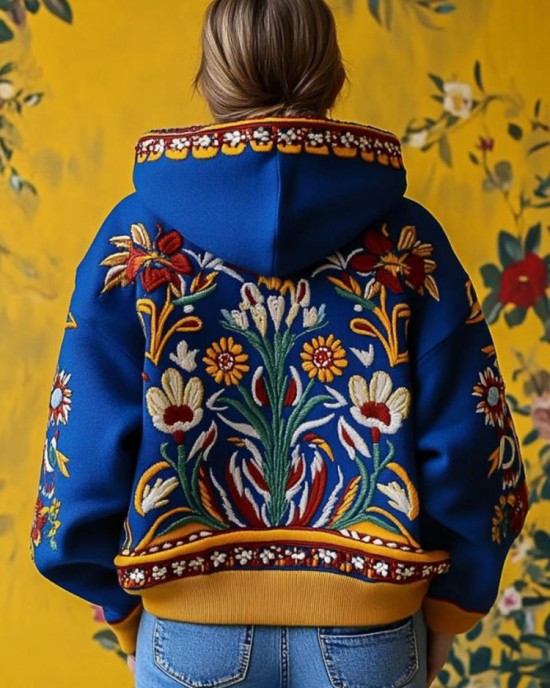Ukraine Floral Embroidered Contrast Color Cozy Hoodie Ukraine Floral Embroidered Contrast Color Cozy Hoodie