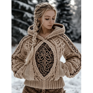Women's Viking Tree Of Life Jacquard Celtic Knit Hooded Sweater