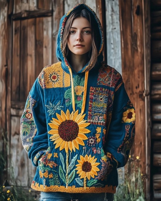 Ukrainian Sunflower Embroidered Patchwork Comfy Hoodie
