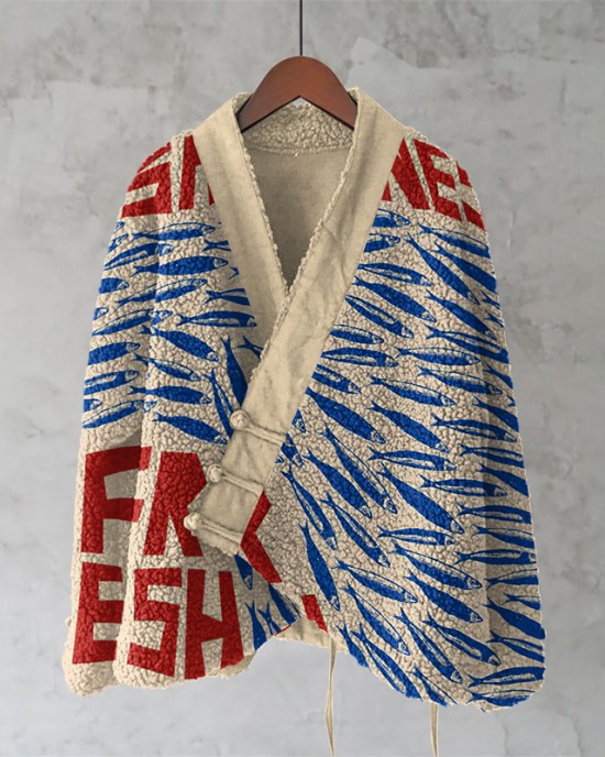 Vintage Fish Sardines Art Painting Pattern Fleece Kimono Cardigan Vintage Fish Sardines Art Painting Pattern Fleece Kimono Cardigan