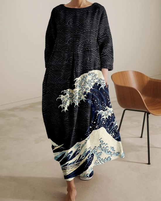 Japanese Wave Inspired Pattern Comfy Midi Dress Japanese Wave Inspired Pattern Comfy Midi Dress