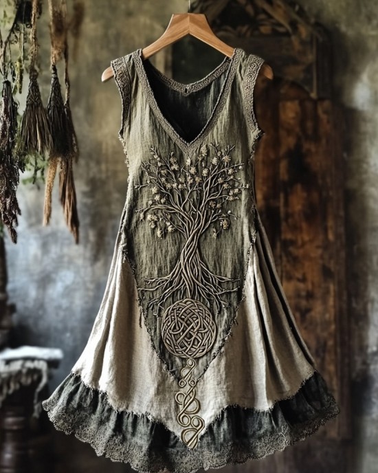 Tribal Life Of Tree Lace Contrast Color Art Linen Tank Dress Tribal Life Of Tree Lace Contrast Color Art Linen Tank Dress