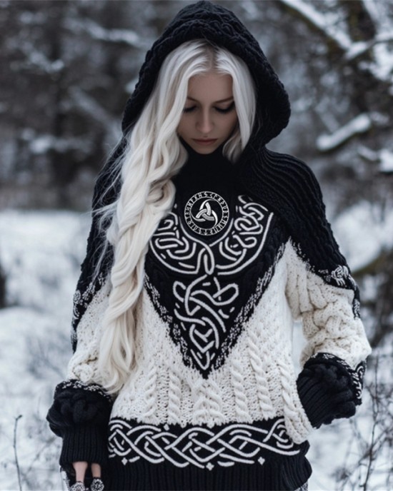 Viking Embroidered Celtic Contrast Color Cozy Chunky Hooded Sweater