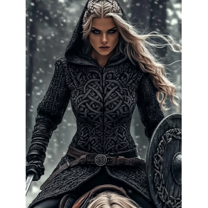 Women's Viking Tribal Jacquard Celtic Chunky Knit Zip-up Hooded Sweater
