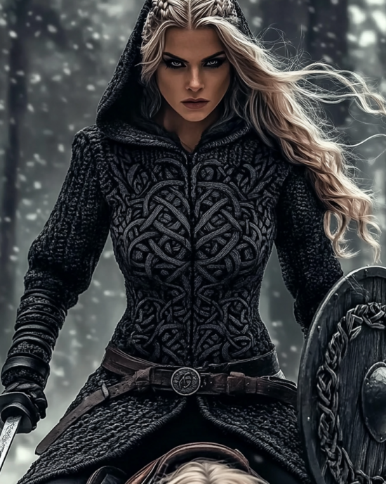 Women's Viking Tribal Jacquard Celtic Chunky Knit Zip-up Hooded Sweater