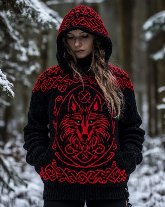 Viking Wolf Inspired Celtic Jacquard Cozy Hooded Sweater Viking Wolf Inspired Celtic Jacquard Cozy Hooded Sweater