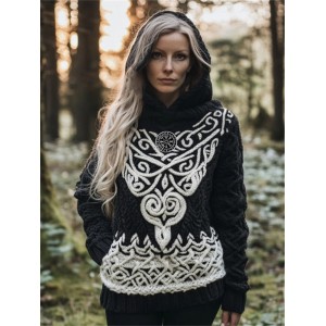 Vintage Viking Vegvisir Embroidered Celtic Cozy Chunky Hooded Sweater