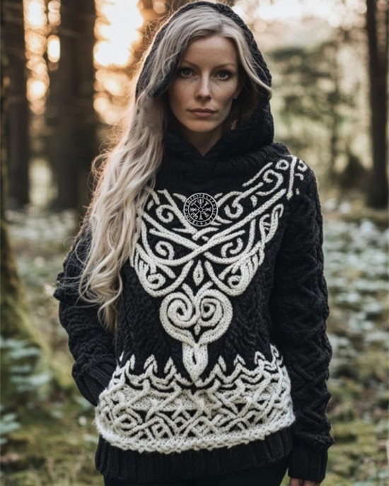 Vintage Viking Vegvisir Embroidered Celtic Cozy Chunky Hooded Sweater Vintage Viking Vegvisir Embroidered Celtic Cozy Chunky Hooded Sweater
