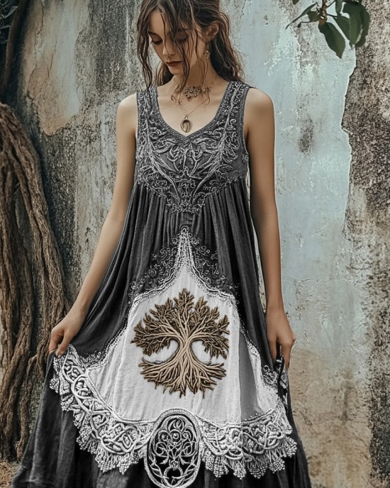 Vintage Tribal Viking Tree Of Life Celtic Knot Linen Blend Tank Midi Dress Vintage Tribal Viking Tree Of Life Celtic Knot Linen Blend Tank Midi Dress