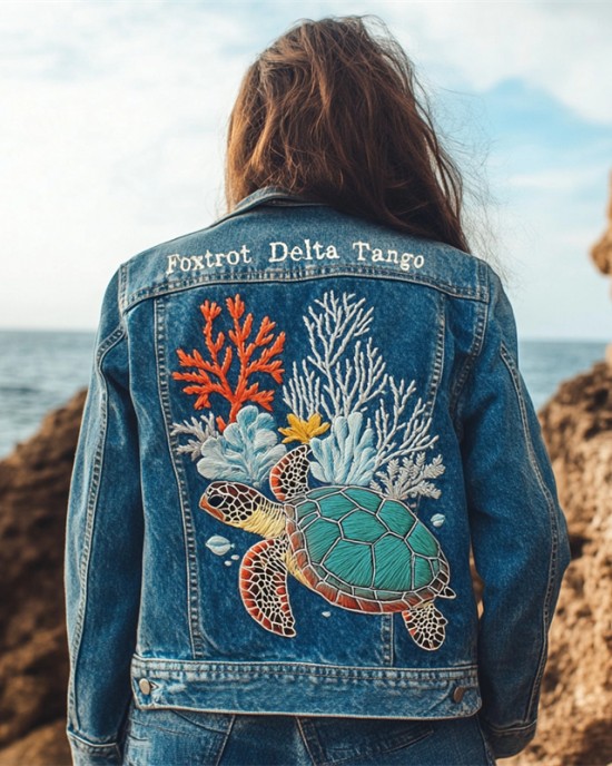 Foxtrot Data Tango Gulf Of Mexico Turtle Coral Embroidered Denim Jacket Foxtrot Data Tango Gulf Of Mexico Turtle Coral Embroidered Denim Jacket