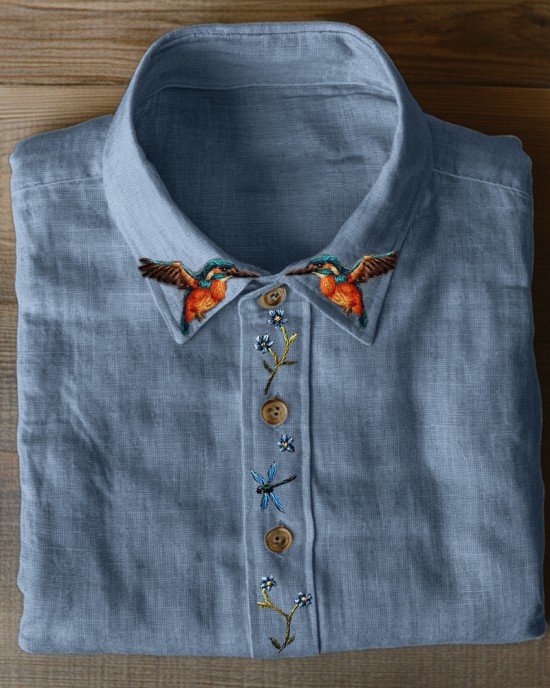 Cottage Humming Birds Floral Embroidered Linen Blend Blouse Cottage Humming Birds Floral Embroidered Linen Blend Blouse