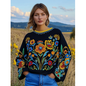 Ukrainian Folk Floral Embroidery Art Linen Crew Neck Shirt