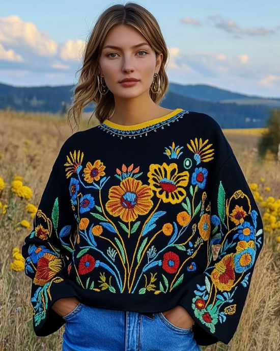 Ukrainian Folk Floral Embroidery Art Linen Crew Neck Shirt Ukrainian Folk Floral Embroidery Art Linen Crew Neck Shirt