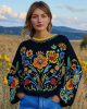 Ukrainian Folk Floral Embroidery Art Linen Crew Neck Shirt Ukrainian Folk Floral Embroidery Art Linen Crew Neck Shirt
