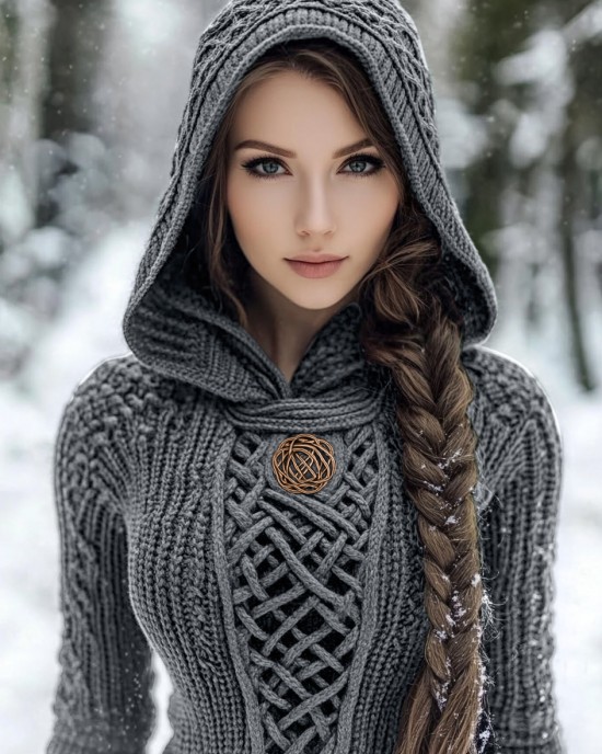 Women's Viking Style Knitted Cozy Hooded Sweater