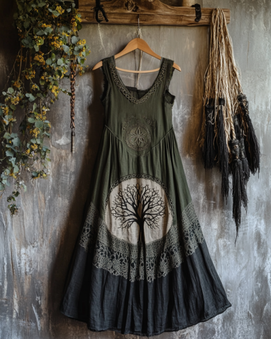 Tribal Celtic Knot Life Of Tree Lace Patchwork Art Linen Tank Dress
