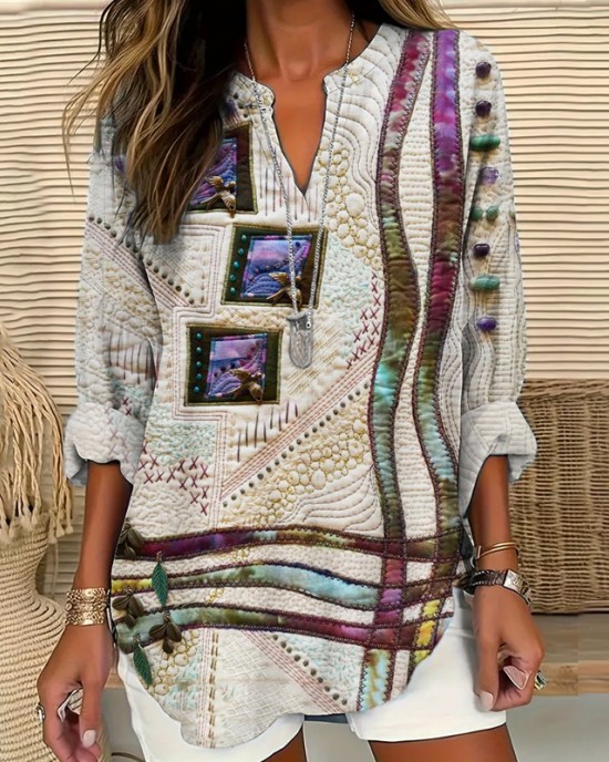 Flower & Bird Embroidery Art Women's Linen V-neck Shirt Flower & Bird Embroidery Art Women's Linen V-neck Shirt