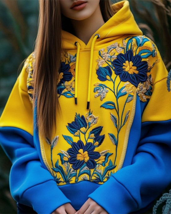 Ukraine Ethnic Floral Embroidered Contrast Patchwork Hoodie Ukraine Ethnic Floral Embroidered Contrast Patchwork Hoodie